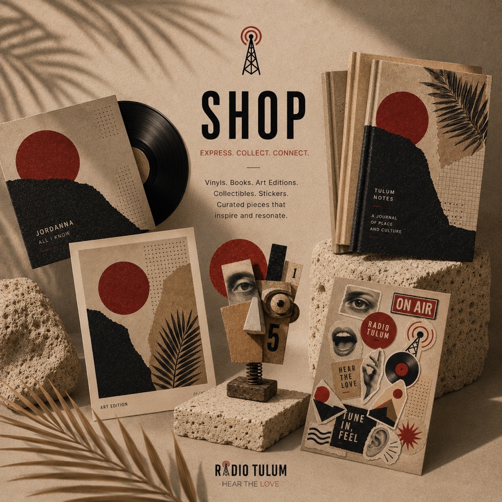 Radio Tulum shop collection with vinyl, books, art editions, collectibles, and stickers