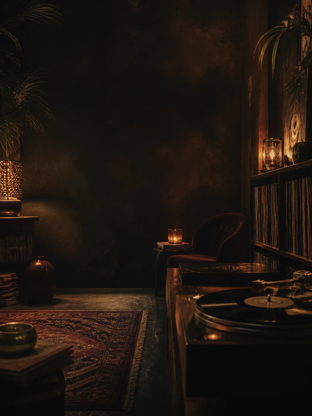 Dark listening room with vinyl records, warm lamps, and an intimate analog atmosphere