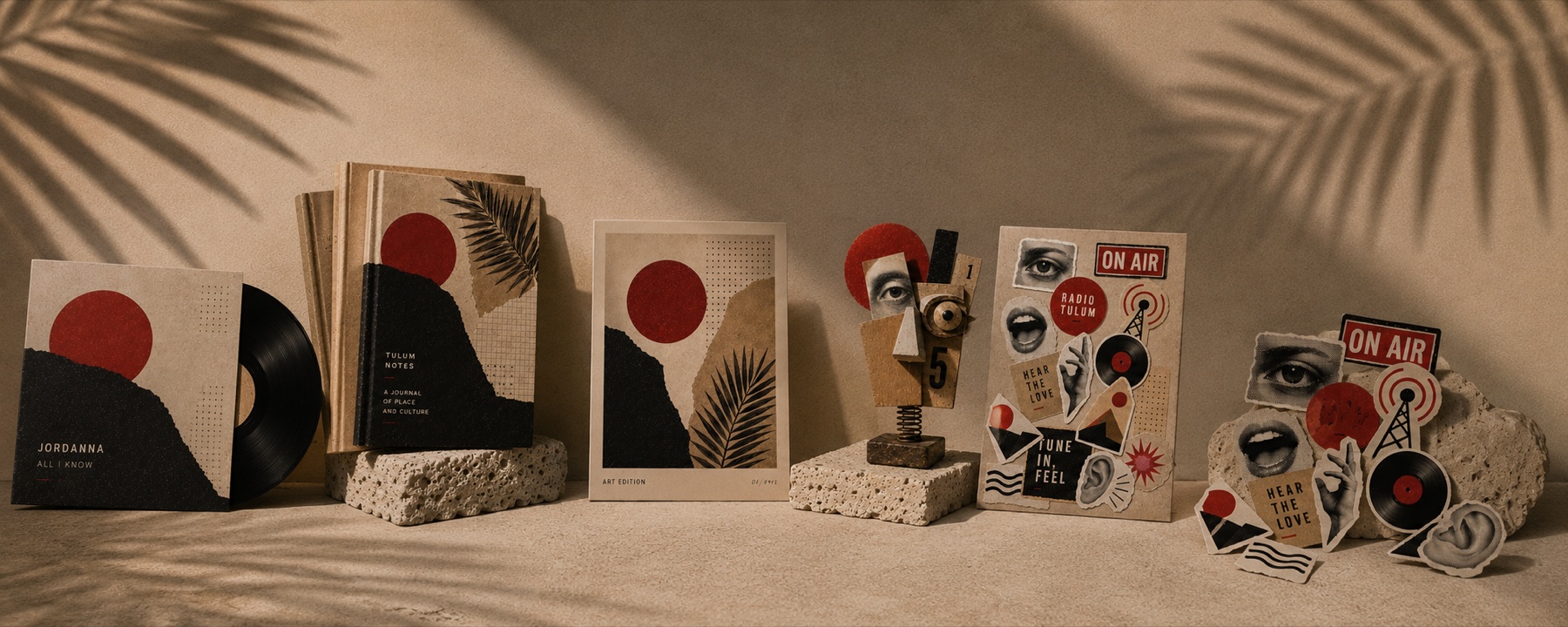 Radio Tulum vinyl, books, art edition, collectible sculpture, and stickers displayed as a curated collection